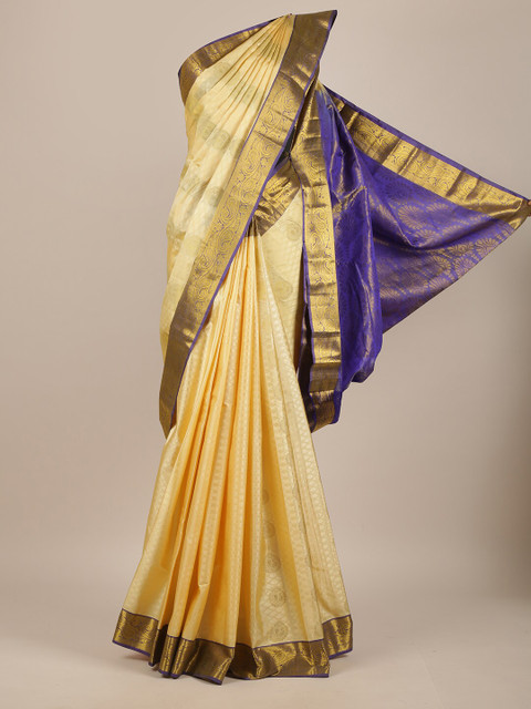 

Pothys Cream-Coloured & Blue Woven Design Zari Pure Silk Saree