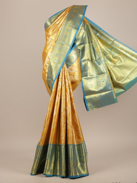 

Pothys Mustard Yellow & Turquoise Blue Woven Design Zari Pure Silk Saree