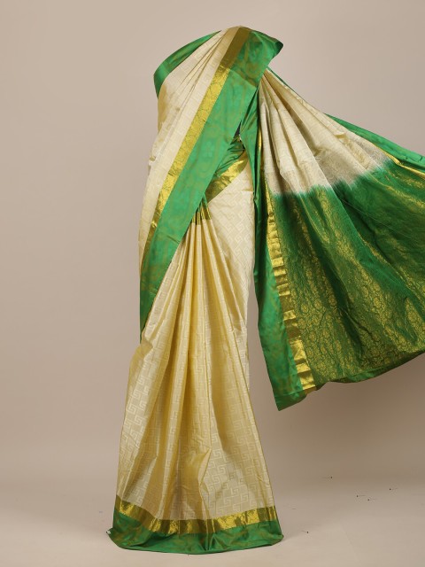 

Pothys Cream-Coloured & Green Woven Design Zari Pure Silk Saree