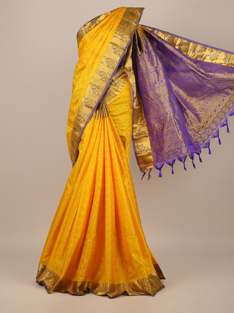 

Pothys Mustard & Purple Woven Design Zari Pure Silk Saree