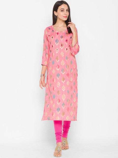 

ZOLA Women Pink Geometric Mirror Worked Straight Kurta