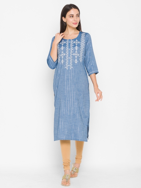 

ZOLA Women Blue & White Geometric Embroidered Thread Work Kurta