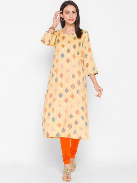 

ZOLA Women Yellow Geometric Mirror Worked Straight Kurta