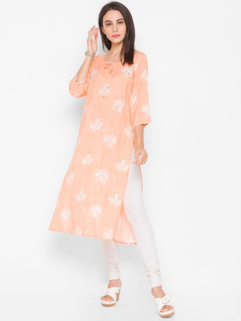 

ZOLA Women Orange Floral Printed & Mirror Worked Straight Kurta