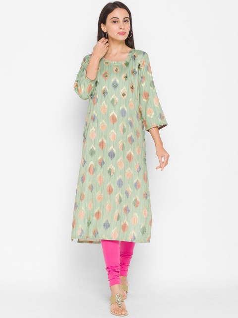 

ZOLA Women Green Geometric Mirror Worked Straight Kurta