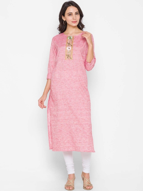 

ZOLA Women Pink Checked Thread Work Pure Cotton Straight Kurta