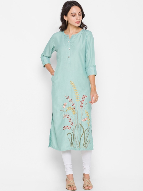 

ZOLA Women Sea Green Floral Embroidered Art Silk Straight Kurta