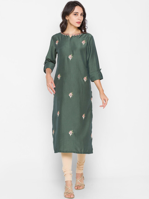 

ZOLA Women Green & Pink Floral Embroidered Straight Kurta