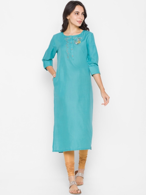 

ZOLA Women Turquoise Blue Embroidered Thread Work Kurta