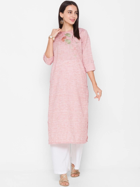 

ZOLA Women Pink Striped Thread Work Embroidered Kurta