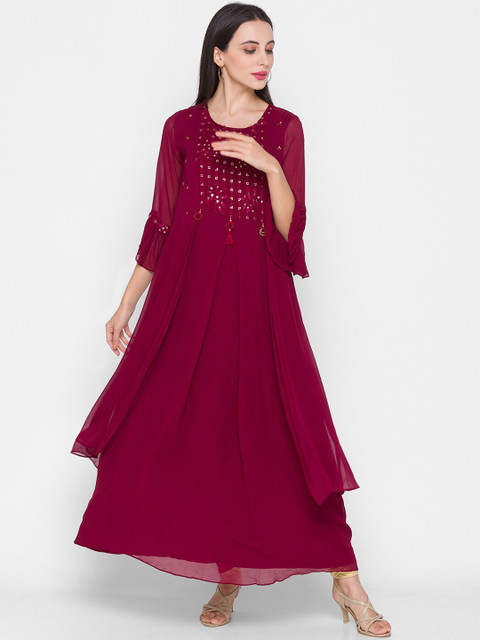 

ZOLA Women Maroon Embellished Flared Sleeves Georgette Anarkali Kurta