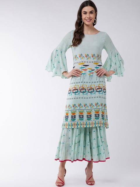 

Pannkh Women Green Floral Printed Regular Kurta with Sharara