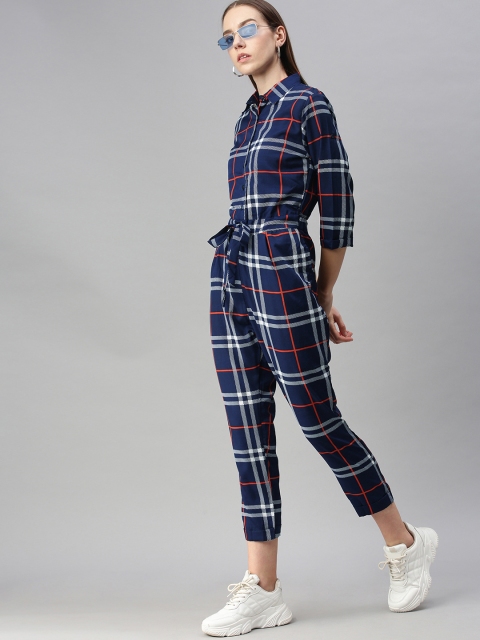 

VOXATI Navy Blue & White Checked Basic Jumpsuit