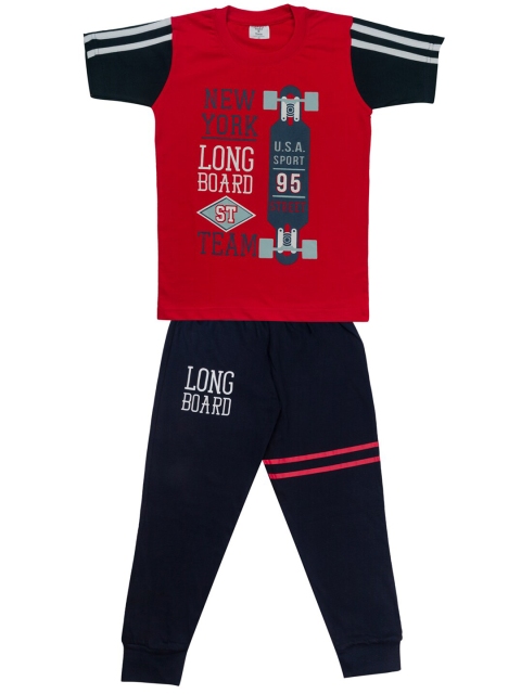 

Todd N Teen Boys Red & Black Printed Pure Cotton T-shirt with Trousers