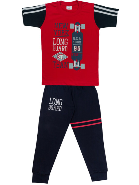

Todd N Teen Boys Red & Black Printed Pure Cotton T-shirt with Trousers