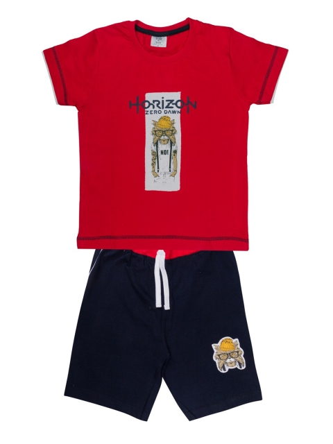 

Todd N Teen Boys Red & Black Printed Pure Cotton T-shirt with Shorts