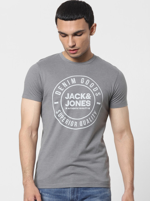 

Jack Jones Men Grey Typography Printed Cotton Pure Cotton T-shirt