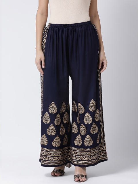 

Charitra Women Navy Blue & Gold-Toned Ethnic Motifs Printed Ethnic Palazzos