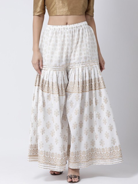 

Charitra Women Off White & Gold-Toned Ethnic Motifs Printed Flared Ethnic Palazzos