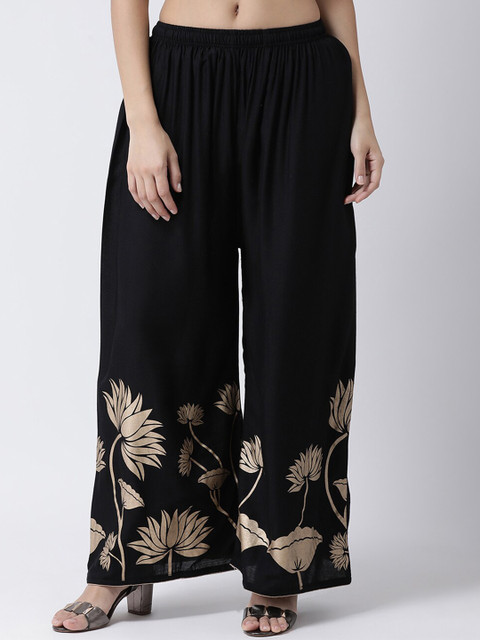 

Charitra Women Black & Gold-Toned Floral Printed Flared Ethnic Palazzos