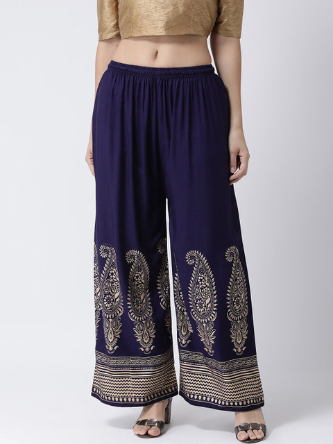 

Charitra Women Navy Blue & Gold-Toned Ethnic Motifs Printed Ethnic Palazzos