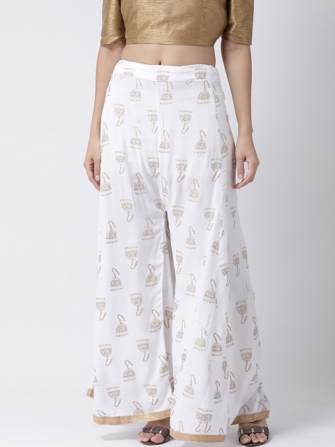 

Charitra Women White & Gold-Toned Ethnic Motifs Printed Flared Palazzos