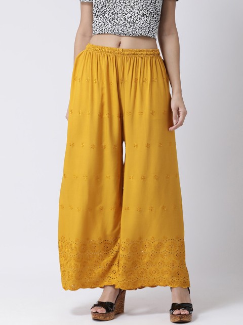 

Charitra Women Mustard Yellow Floral Embroidered Palazzos