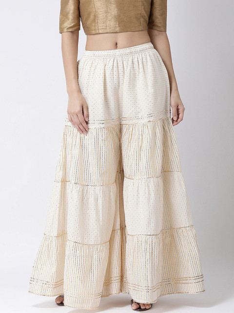 

Charitra Women Off White & Gold-Toned Striped Ruffle Flared Palazzos