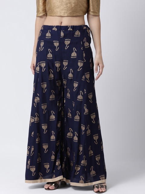 

Charitra Women Navy Blue & Gold-Toned Ethnic Motifs Printed Flared Palazzos