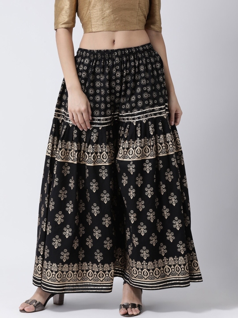 

Charitra Women Black & Gold-Toned Floral Printed Flared Palazzos