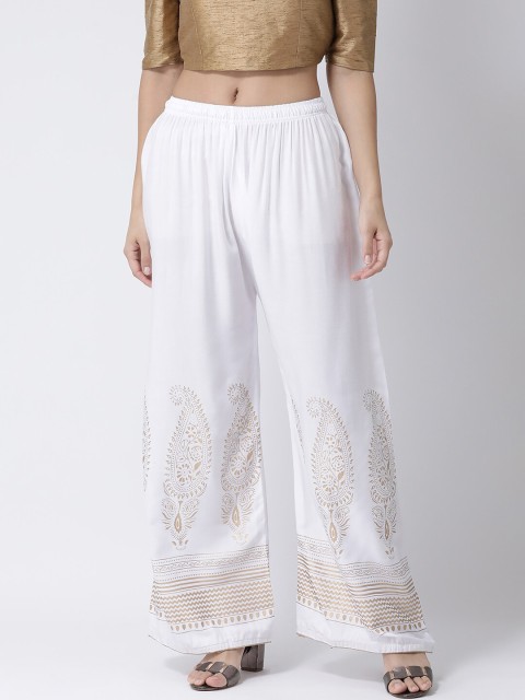 

Charitra Women White & Gold-Toned Ethnic Motifs Printed Palazzos