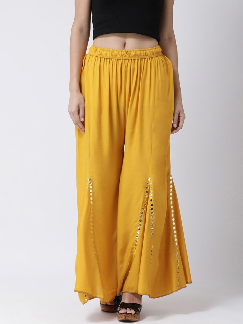 

Charitra Women Mustard Yellow Hem Design Flared Palazzos