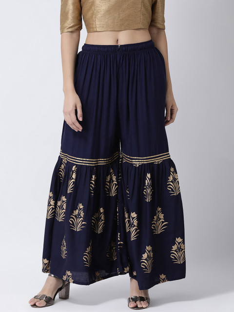 

Charitra Women Navy Blue & Gold-Toned Floral Printed Flared Sharara