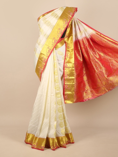 

Pothys Off White & Red Ethnic Motifs Pure Silk Saree