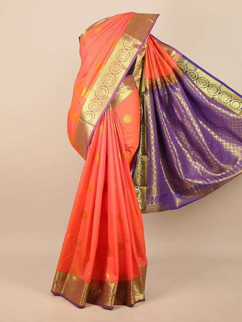 

Pothys Peach-Coloured & Purple Ethnic Motifs Pure Silk Saree