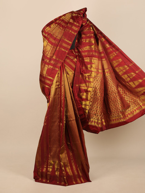 

Pothys Maroon & Gold-Toned Striped Pure Silk Saree