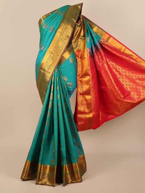 

Pothys Turquoise Blue & Red Ethnic Motifs Pure Silk Saree