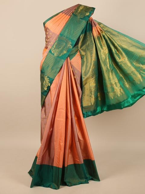 

Pothys Peach-Coloured & Green Woven Design Pure Silk Saree