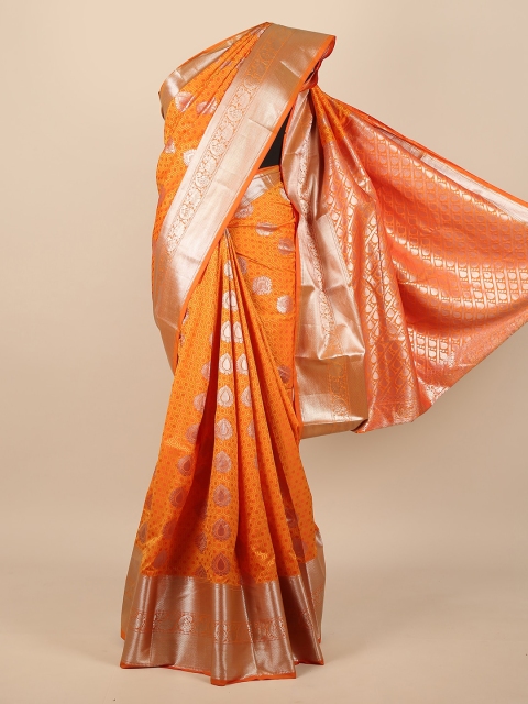 

Pothys Orange & Silver-Toned Woven Design Pure Silk Saree