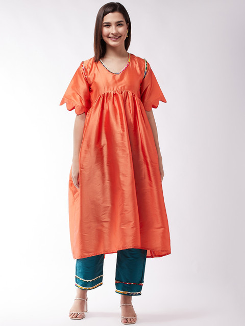 

InWeave Women Orange Empire Dupion Silk Kurta with Trousers
