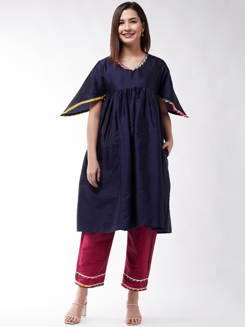 

InWeave Women Navy Blue Pleated Dupion Silk Kurta with Trousers