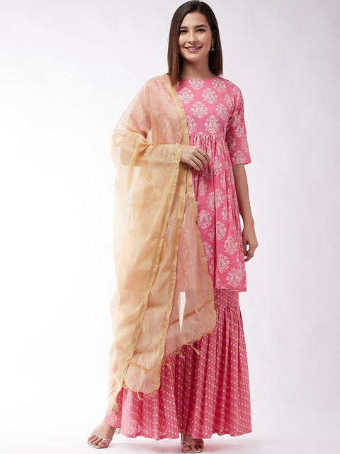 

InWeave Women Pink Ethnic Motifs Printed Regular Pure Cotton Kurta with Sharara & With Dupatta