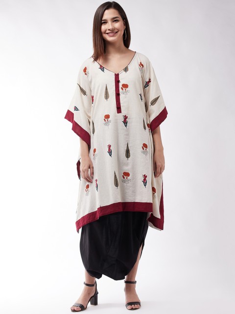 

InWeave Women Off White Floral Printed Kaftan Pure Cotton Kurta with Dhoti Pants