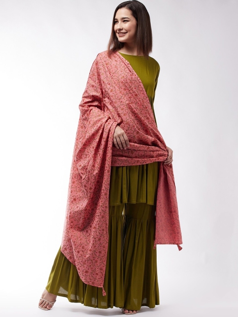 

InWeave Women Olive Green Pleated Kurta with Sharara & With Dupatta