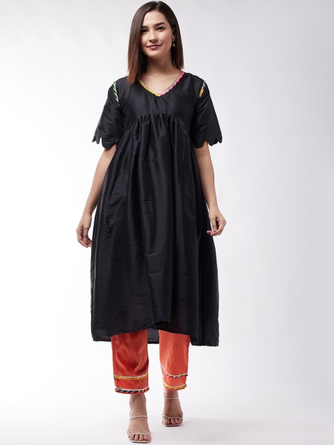 

InWeave Women Black Pleated Dupion Silk Kurta with Trousers