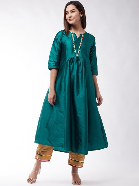 

InWeave Women Teal Floral Pleated Gotta Patti Dupion Silk Kurta with Trousers