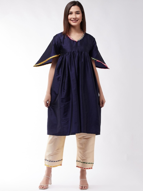 

InWeave Women Navy Blue Pleated Dupion Silk Kurta with Trousers