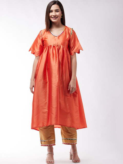 

InWeave Women Orange Pleated Dupion Silk Kurta with Trousers