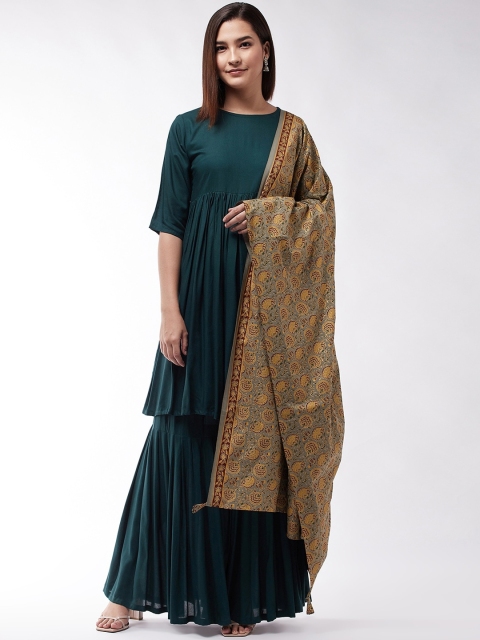 

InWeave Women Green Pleated Kurta with Sharara & With Dupatta