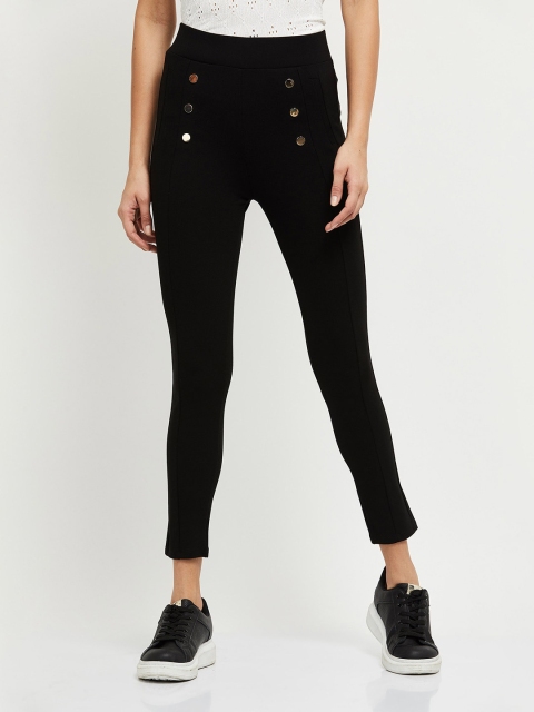 

max Women Black Solid Slim-Fit Treggings